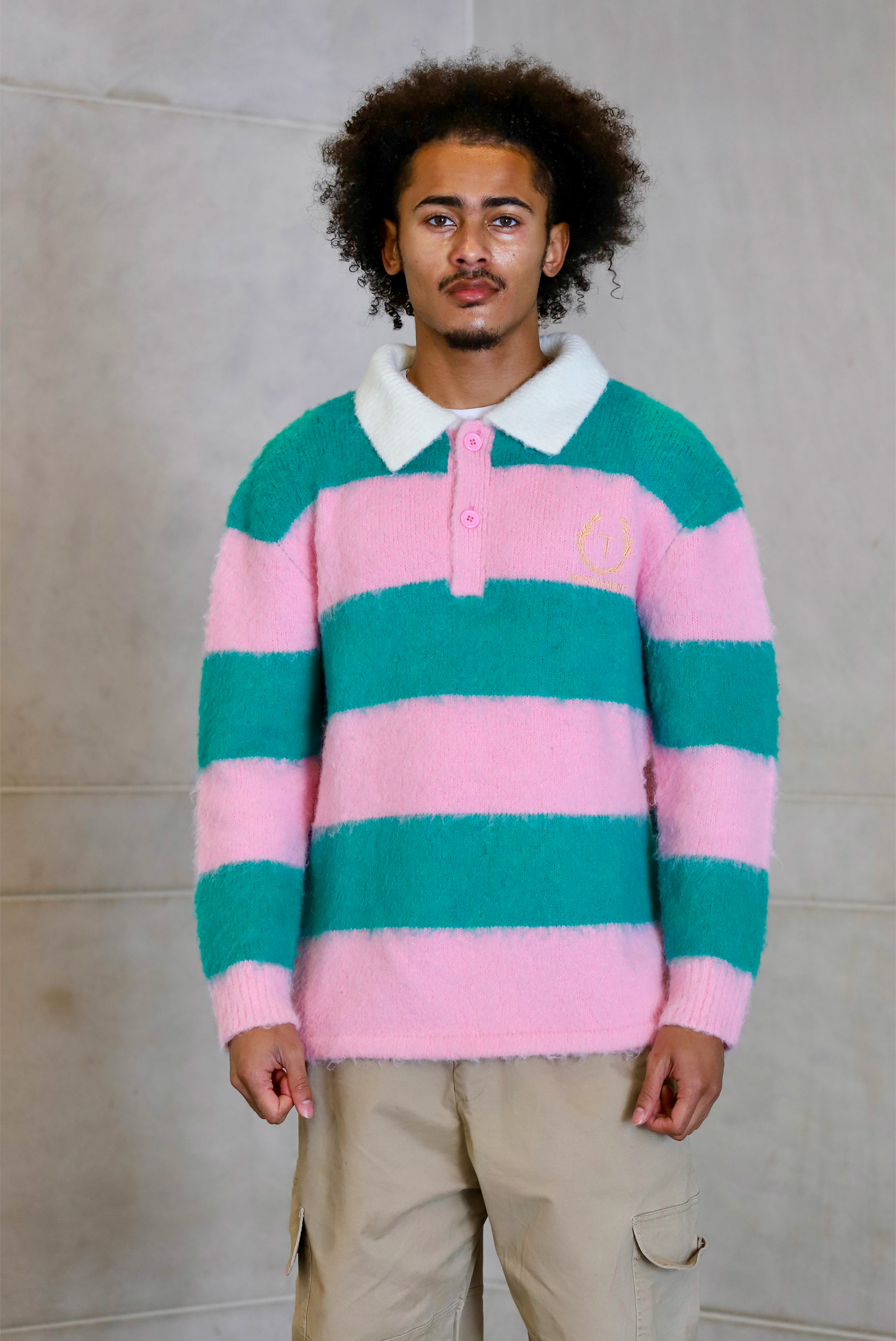 ICONIC MOHAIR POLO WITH PINK STRIPES